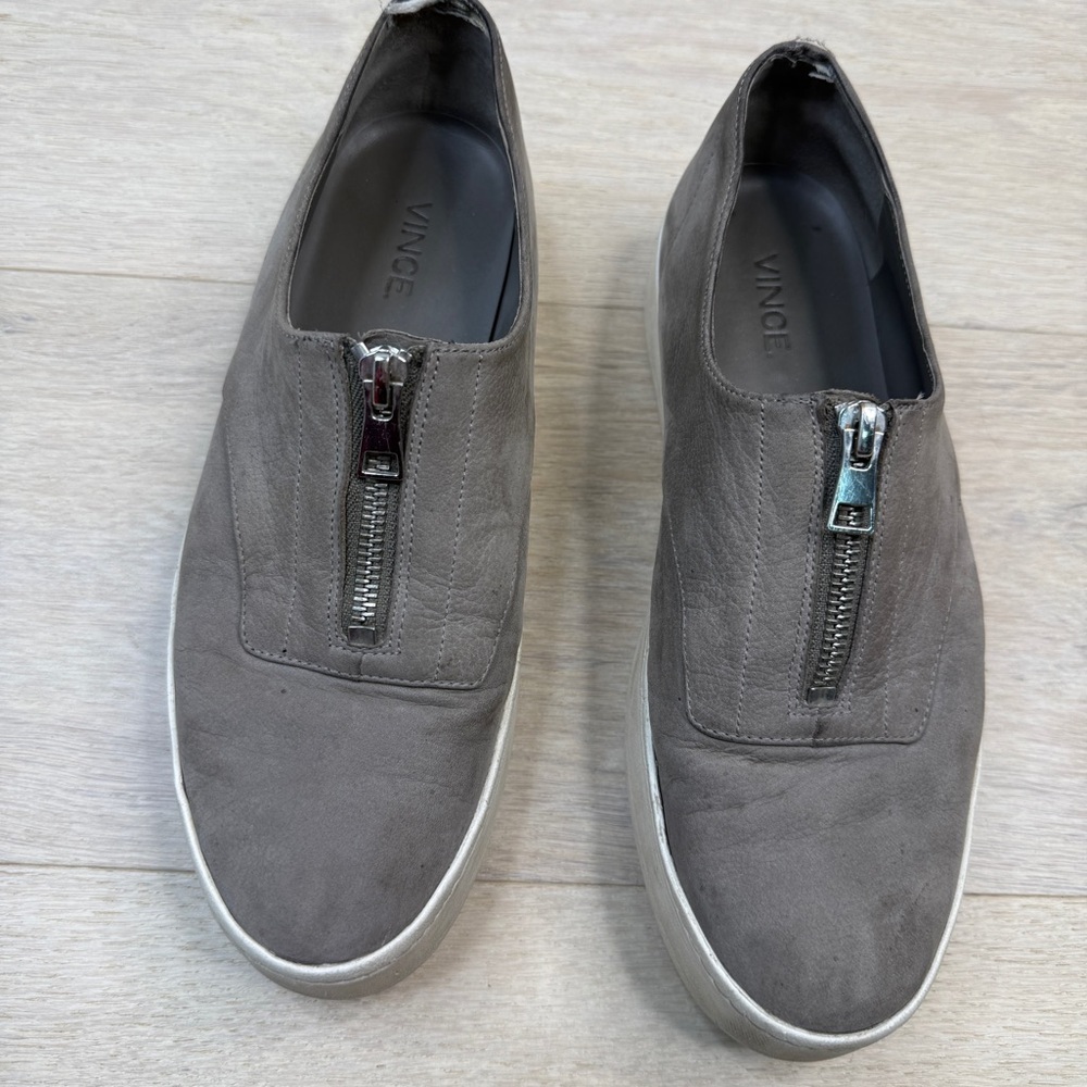Vince Womenโs Grey Slip-On Loafers with Zipper